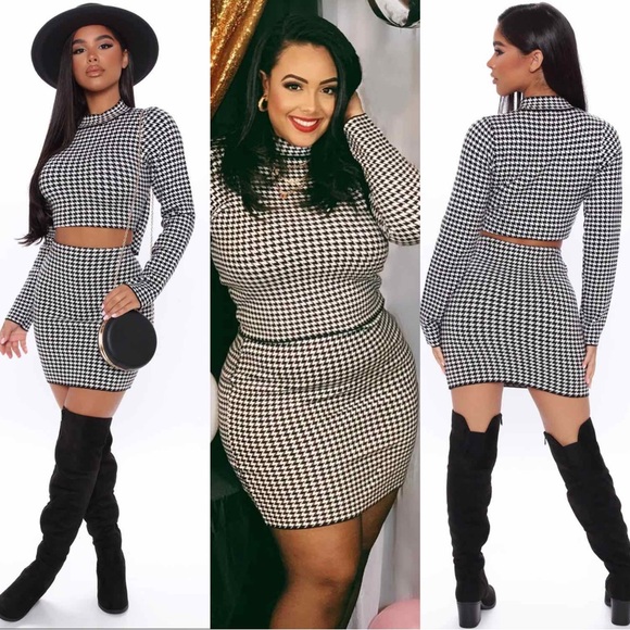 💥 NEW | Houndstooth Long Sleeve with Mini Skirt Matching Set - Picture 1 of 16